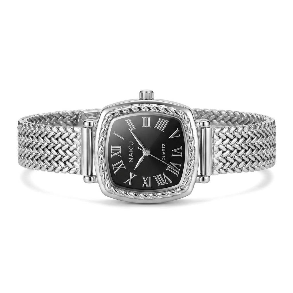 Watches for Women with Vintage Rectangular Case,26mm Case Diameter,Black Roman Numerals,Metal Steel Band,3ATM